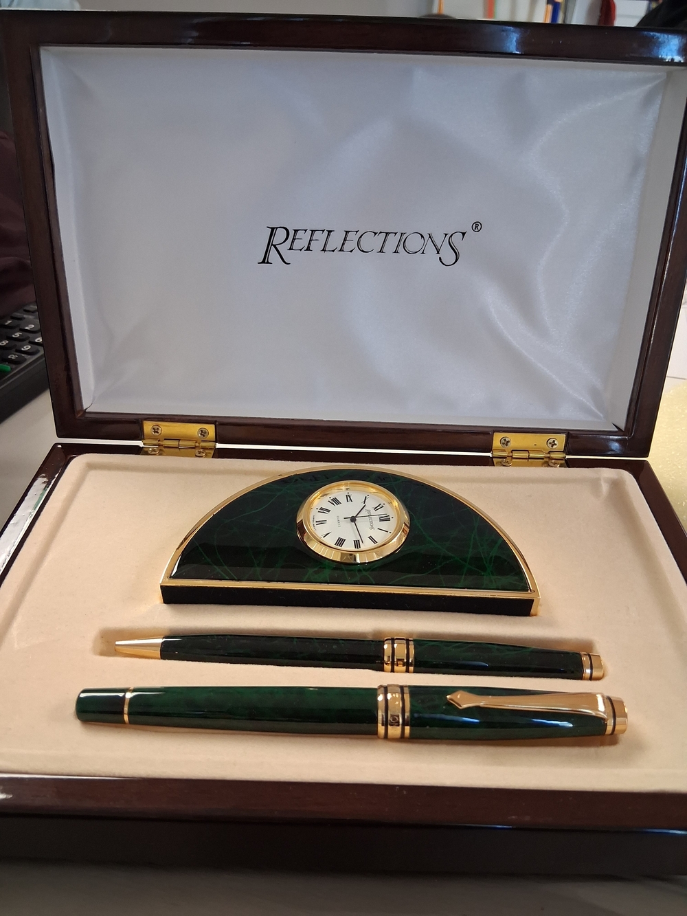 Reflections Green Marble Desk Clock & Pen Set with Gold Accents